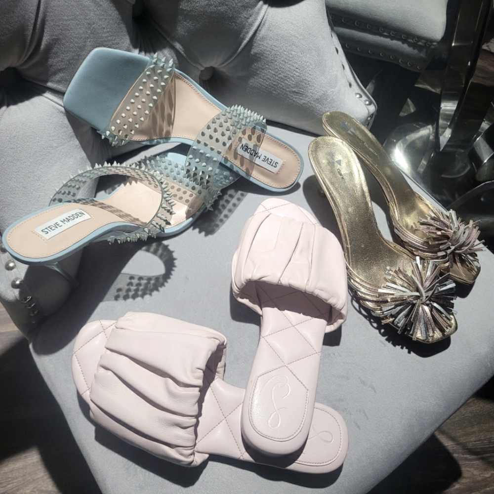 Womens Sandals BUNDLE..Steve Madden/Blue-Sam_ Eddleman Soft Pink-Gold/Dani Black